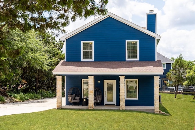 1526 Bonnyview Dr, Canyon Lake, TX 78133 - view of front of home featuring a porch, a chimney, and roof with shingles