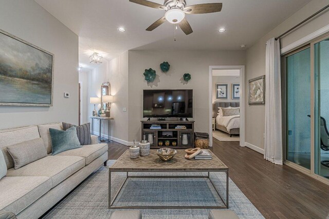 213 Sowing Oak Dr, San Marcos, TX 78666 - living area featuring baseboards, wood finished floors, recessed lighting, and a ceiling fan