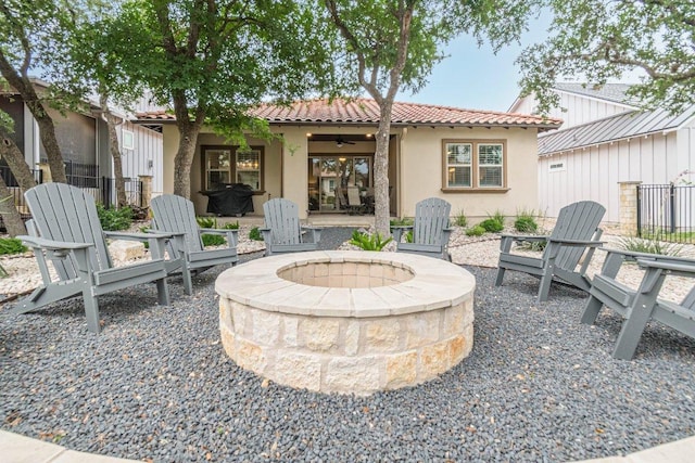 213 Sowing Oak Dr, San Marcos, TX 78666 - view of patio featuring a fire pit and ceiling fan