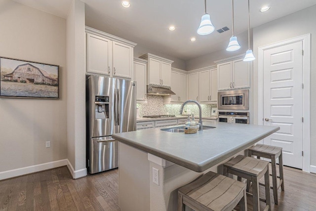 213 Sowing Oak Dr, San Marcos, TX 78666 - kitchen featuring appliances with stainless steel finishes, a sink, under cabinet range hood, baseboards, and backsplash
