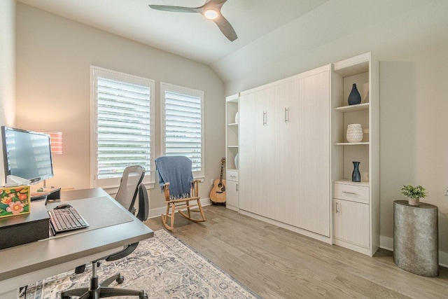 433 Skipping Cedar St, San Marcos, TX 78666 - office featuring light wood-style floors, ceiling fan, vaulted ceiling, and baseboards