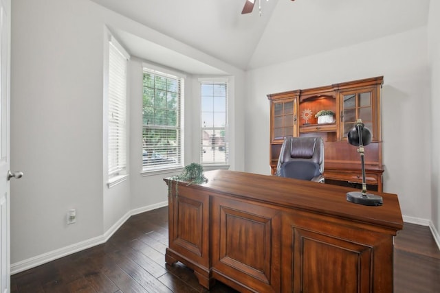 2228 Hilltop Climb Dr, Leander, TX 78641 - office space with lofted ceiling, ceiling fan, baseboards, and dark wood-style flooring