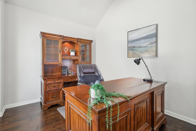 2228 Hilltop Climb Dr, Leander, TX 78641 - office space featuring lofted ceiling, baseboards, and dark wood-style flooring
