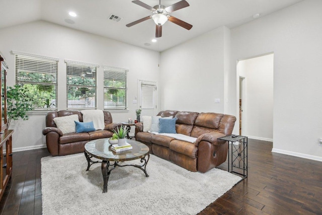 2228 Hilltop Climb Dr, Leander, TX 78641 - living room with dark wood-style flooring, ceiling fan, recessed lighting, and high vaulted ceiling