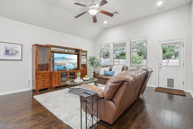 2228 Hilltop Climb Dr, Leander, TX 78641 - living room featuring recessed lighting, a ceiling fan, baseboards, healthy amount of natural light, and vaulted ceiling