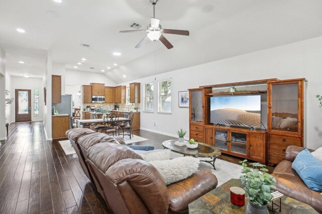 2228 Hilltop Climb Dr, Leander, TX 78641 - living area featuring baseboards, lofted ceiling, a ceiling fan, dark wood-style flooring, and recessed lighting