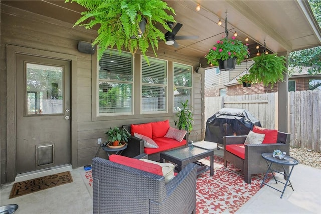 2228 Hilltop Climb Dr, Leander, TX 78641 - view of patio with outdoor lounge area, grilling area, and a ceiling fan