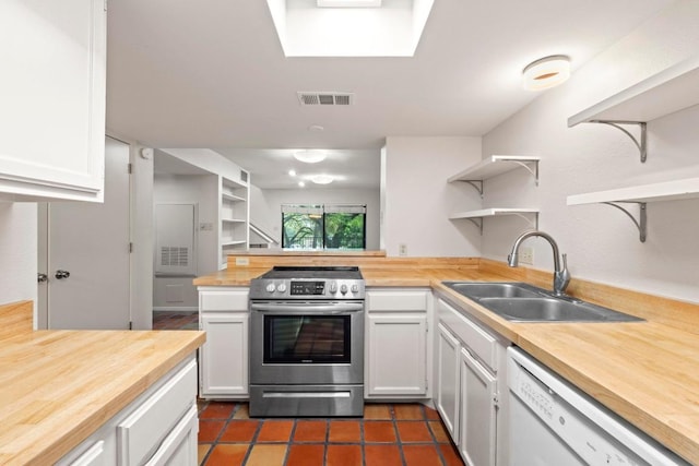 1135 Barton Hills Dr Unit 240, Austin, TX 78704 - kitchen featuring stainless steel electric stove, open shelves, a sink, and butcher block counters