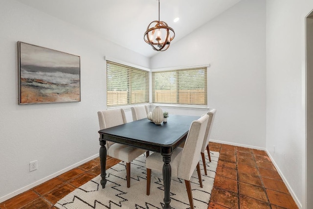 9417 Longvale Dr, Austin, TX 78729 - dining space with a chandelier, baseboards, and lofted ceiling