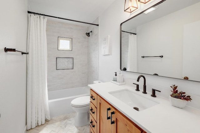 9417 Longvale Dr, Austin, TX 78729 - full bathroom with toilet, vanity, and shower / bathtub combination with curtain