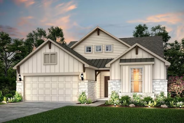 508 Canyoncrest Way, Liberty Hill, TX 78642 - view of front of house with board and batten siding, stone siding, a garage, and a standing seam roof
