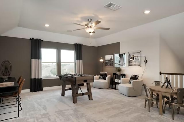 508 Canyoncrest Way, Liberty Hill, TX 78642 - rec room with light carpet, a ceiling fan, and recessed lighting