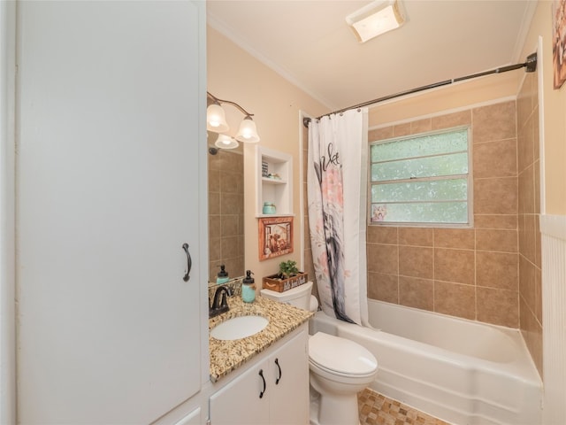 302 Vernon St, Thrall, TX 76578 - full bath featuring ornamental molding, vanity, toilet, and shower / tub combo with curtain