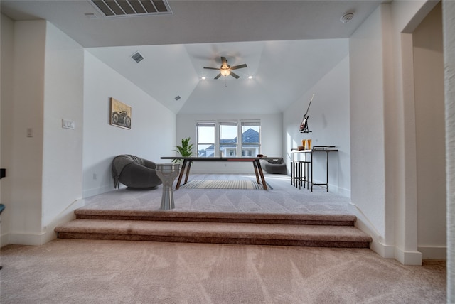 3321 Mongolian Dr, Leander, TX 78641 - rec room featuring carpet, baseboards, a ceiling fan, and vaulted ceiling