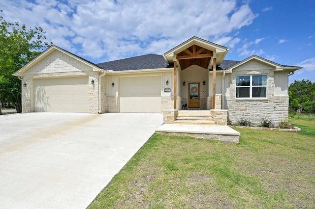 16240 Toby Ct, Temple, TX 76502 - ranch-style house featuring a garage, concrete driveway, stone siding, a front yard, and a shingled roof