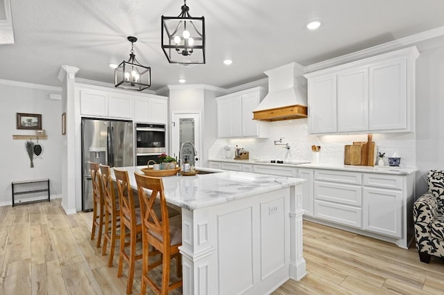 16240 Toby Ct, Temple, TX 76502 - kitchen with stainless steel appliances, a sink, custom range hood, ornamental molding, and decorative backsplash