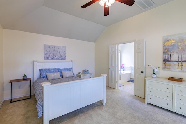 4308 Clear Meadow Pl, Round Rock, TX 78665 - bedroom with light colored carpet, vaulted ceiling, ensuite bath, and a ceiling fan