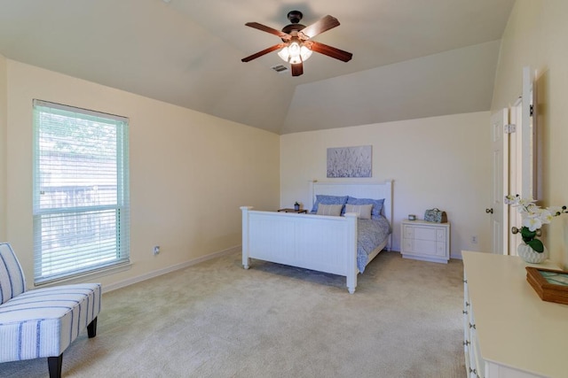 4308 Clear Meadow Pl, Round Rock, TX 78665 - bedroom featuring light colored carpet, vaulted ceiling, a ceiling fan, and baseboards