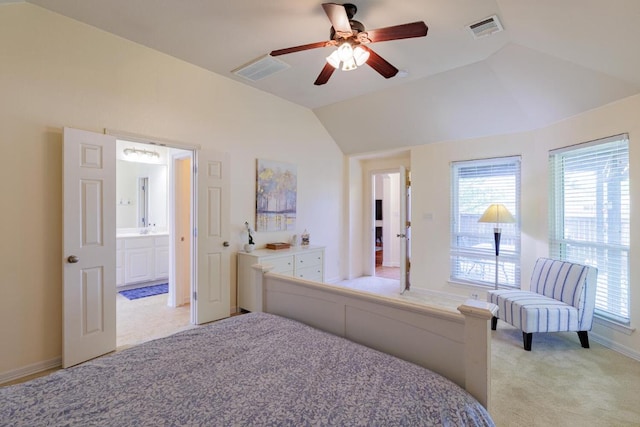 4308 Clear Meadow Pl, Round Rock, TX 78665 - bedroom with lofted ceiling, light carpet, baseboards, ensuite bathroom, and ceiling fan