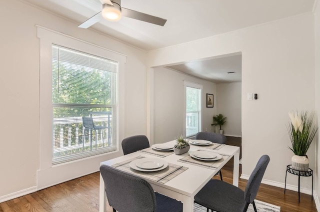 1202 Loma Dr, Austin, TX 78741 - dining area featuring plenty of natural light, ceiling fan, wood finished floors, baseboards, and ornamental molding