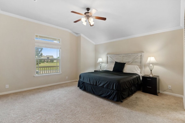 1610 Discovery Blvd, Cedar Park, TX 78613 - bedroom featuring ornamental molding, lofted ceiling, carpet floors, baseboards, and ceiling fan