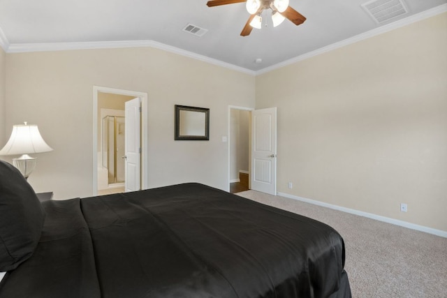 1610 Discovery Blvd, Cedar Park, TX 78613 - carpeted bedroom with ornamental molding, vaulted ceiling, a ceiling fan, and ensuite bath