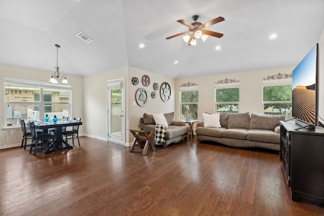 1610 Discovery Blvd, Cedar Park, TX 78613 - living room featuring vaulted ceiling, dark wood-style floors, ceiling fan, baseboards, and recessed lighting