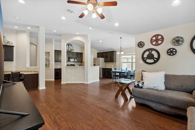 1610 Discovery Blvd, Cedar Park, TX 78613 - living area featuring dark wood-style floors, a ceiling fan, vaulted ceiling, and recessed lighting