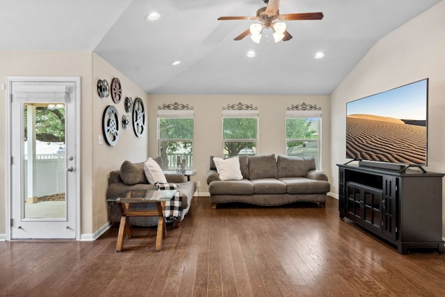 1610 Discovery Blvd, Cedar Park, TX 78613 - living room with lofted ceiling, wood-type flooring, healthy amount of natural light, a ceiling fan, and baseboards