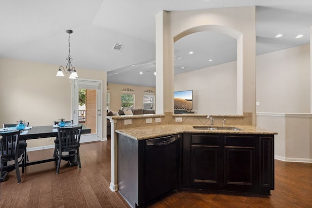 1610 Discovery Blvd, Cedar Park, TX 78613 - kitchen featuring a sink, black dishwasher, dark wood-type flooring, light stone counters, and recessed lighting