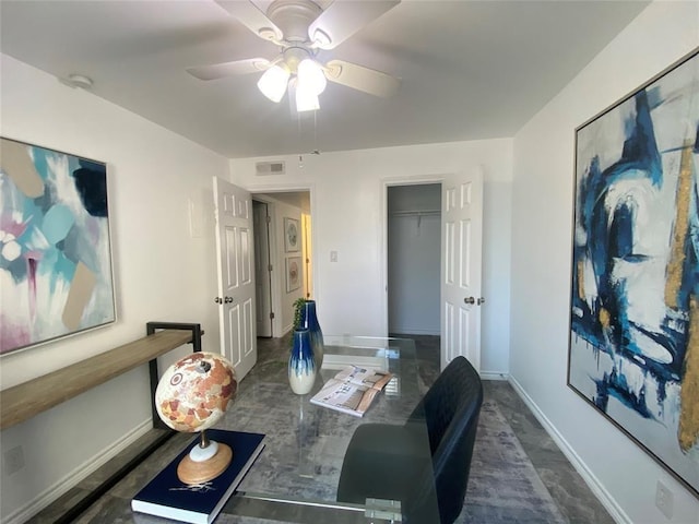 3819 Southway Dr, Austin, TX 78704 - dining space featuring baseboards, a ceiling fan, and an office area