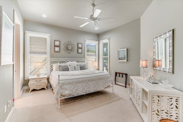 6012 Messenger Stake, Austin, TX 78746 - bedroom featuring light colored carpet, baseboards, ceiling fan, and recessed lighting