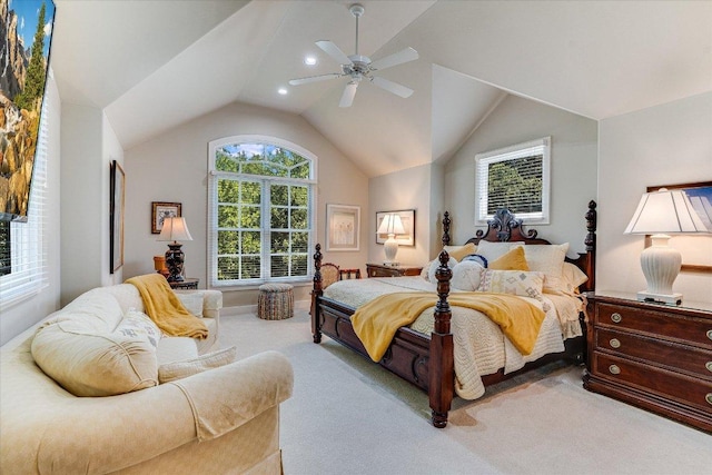 6012 Messenger Stake, Austin, TX 78746 - bedroom featuring light carpet, vaulted ceiling, ceiling fan, and recessed lighting