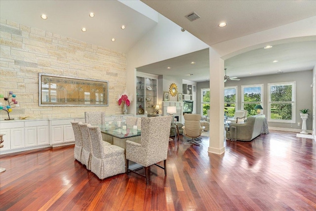 6012 Messenger Stake, Austin, TX 78746 - dining area with dark wood-type flooring, recessed lighting, a ceiling fan, arched walkways, and baseboards