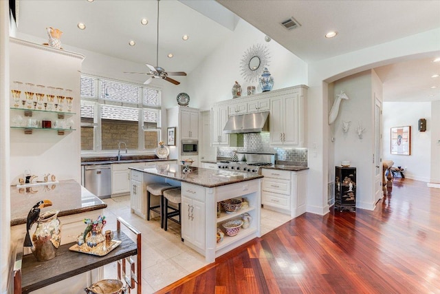 6012 Messenger Stake, Austin, TX 78746 - kitchen featuring under cabinet range hood, stainless steel appliances, open shelves, a ceiling fan, and a kitchen bar
