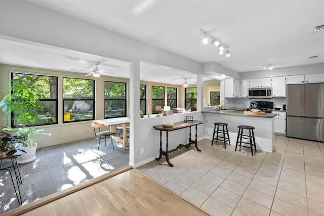 4839 Canyonbend Cir, Austin, TX 78735 - kitchen featuring appliances with stainless steel finishes, a peninsula, a ceiling fan, white cabinets, and a sink