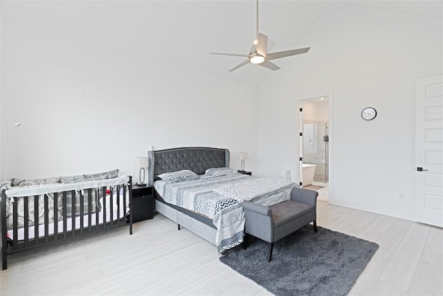 216 Reata Ridge Loop, Liberty Hill, TX 78642 - bedroom with wood finished floors, high vaulted ceiling, and a ceiling fan
