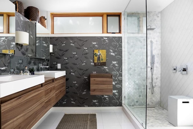 1337 Spyglass Dr, Austin, TX 78746 - bathroom featuring walk in shower, tile patterned flooring, and double vanity