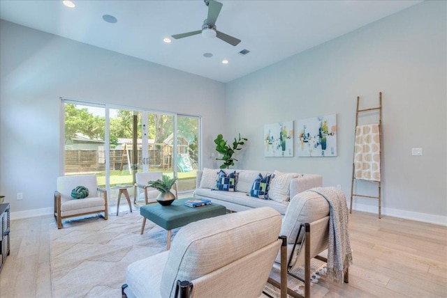 3004 Hunt Trl, Austin, TX 78757 - living room featuring light wood finished floors, ceiling fan, baseboards, and recessed lighting