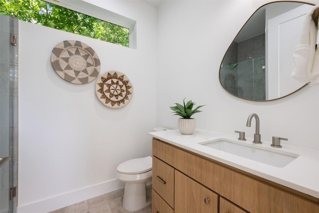 106 W Croslin St Unit B, Austin, TX 78752 - bathroom featuring a shower with door, toilet, vanity, baseboards, and tile patterned flooring