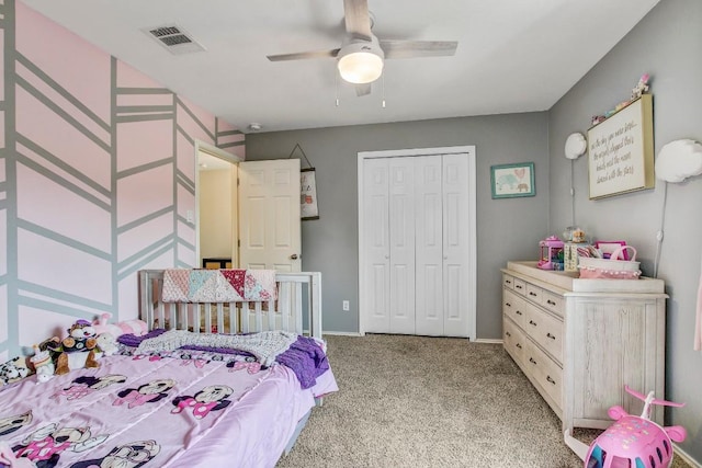 14028 Turkey Hollow Trl, Austin, TX 78717 - bedroom with light colored carpet, a closet, baseboards, and ceiling fan