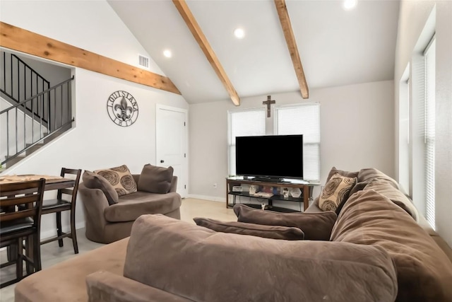 1581 Washburn Rd, Luling, TX 78648 - living area with beam ceiling, recessed lighting, stairway, baseboards, and high vaulted ceiling