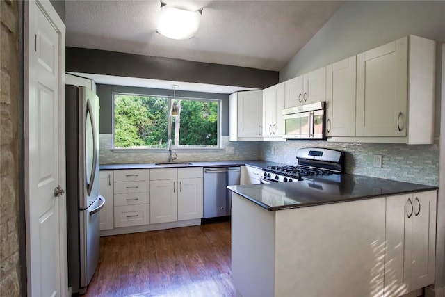 609 Pigeon Forge Rd, Pflugerville, TX 78660 - kitchen with stainless steel appliances, a sink, a peninsula, backsplash, and vaulted ceiling