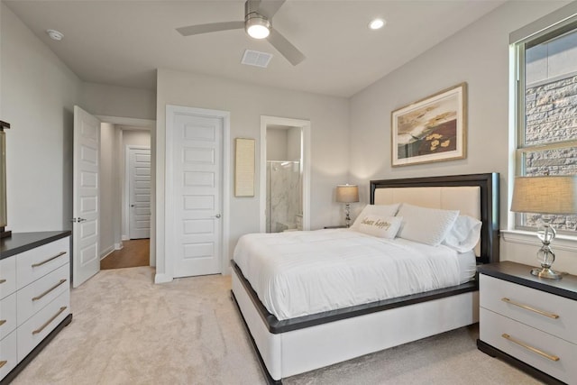 158 Baldovino Skwy, Lakeway, TX 78738 - bedroom with light colored carpet, recessed lighting, connected bathroom, and a ceiling fan