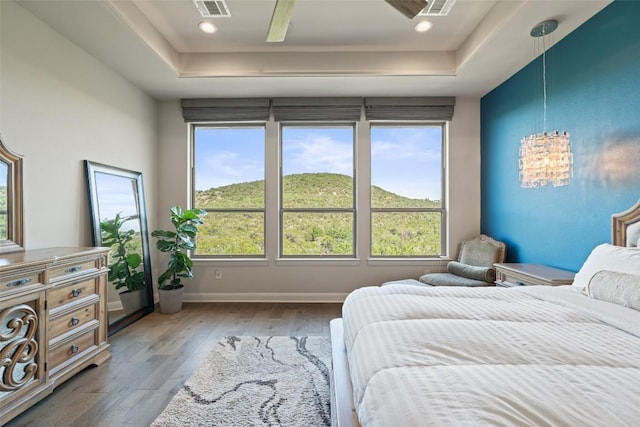 158 Baldovino Skwy, Lakeway, TX 78738 - bedroom with a tray ceiling, hardwood / wood-style floors, a chandelier, baseboards, and a ceiling fan