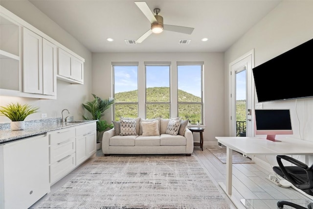 158 Baldovino Skwy, Lakeway, TX 78738 - home office with healthy amount of natural light, a sink, a ceiling fan, recessed lighting, and light wood finished floors