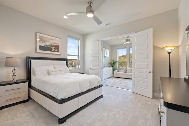 158 Baldovino Skwy, Lakeway, TX 78738 - bedroom featuring light carpet, ceiling fan, and recessed lighting