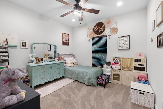 110 Lakecliff Cv, Kingsland, TX 78639 - bedroom featuring carpet flooring, a ceiling fan, and recessed lighting
