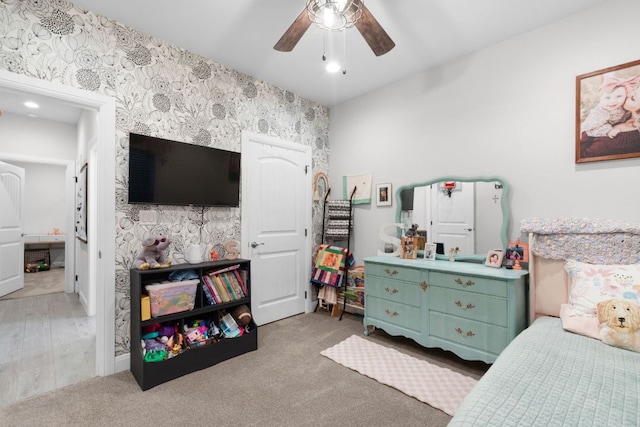 110 Lakecliff Cv, Kingsland, TX 78639 - bedroom with wallpapered walls, carpet flooring, recessed lighting, a ceiling fan, and baseboards