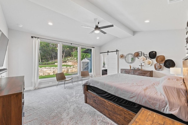 20702 Post Oak Dr, Lago Vista, TX 78645 - carpeted bedroom featuring a barn door, recessed lighting, ceiling fan, and baseboards